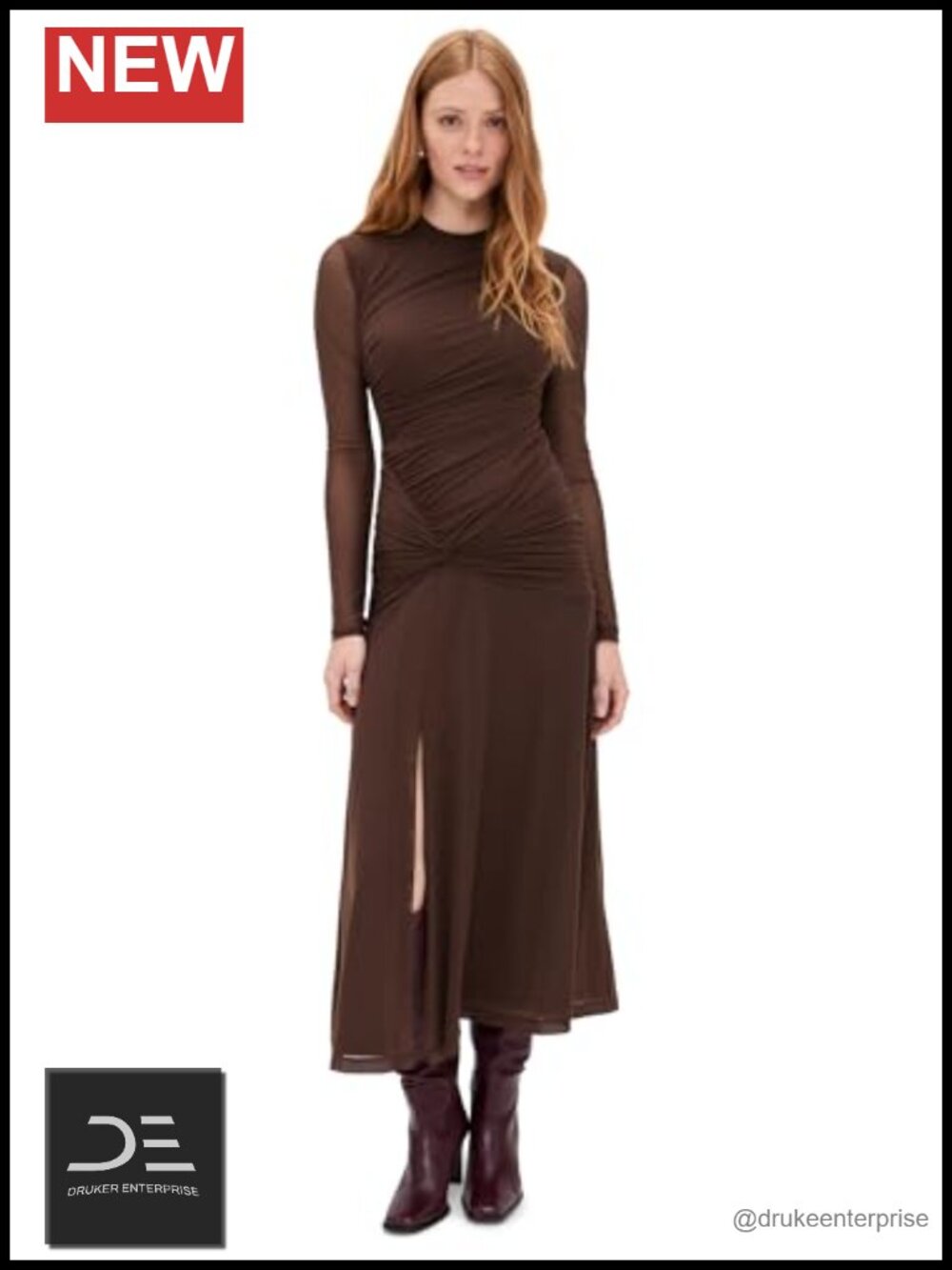 Mock Neck Mermaid Midi Dress Long Sleeve Ruched Mesh Fitted